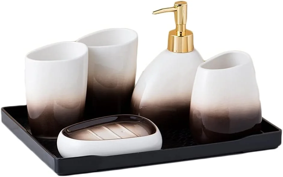 ست لوازم جانبی حمام 6 تکه سرامیکی با رنگ گرادیان شامل جای مایع صابون، جا مسواکی به همراه سینی ملامینه (رنگ: قهوه ای، سایز: ست 6 تکه) ست لوازم جانبی حمام 6 تکه سرامیکی با رنگ گرادیان شامل جای مایع صابون، جا مسواکی به همراه سینی ملامینه (رنگ: قهوه ای، سایز: ست 6 تکه)