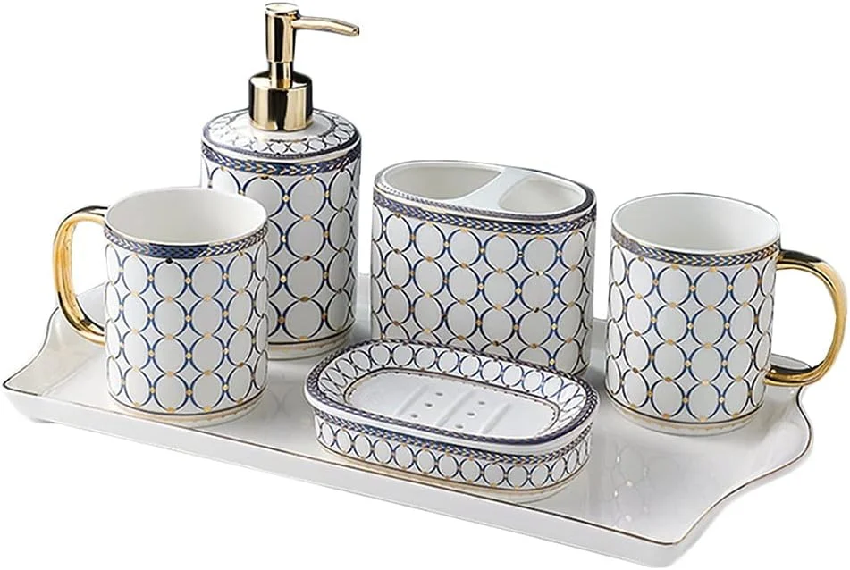 ست لوازم جانبی حمام 6 تکه، ست سرامیکی هندسی شامل جای مایع دستشویی، جا مسواکی به همراه سینی حمام (رنگ: آبی، سایز: ست 6 تکه) ست لوازم جانبی حمام 6 تکه، ست سرامیکی هندسی شامل جای مایع دستشویی، جا مسواکی به همراه سینی حمام (رنگ: آبی، سایز: ست 6 تکه)