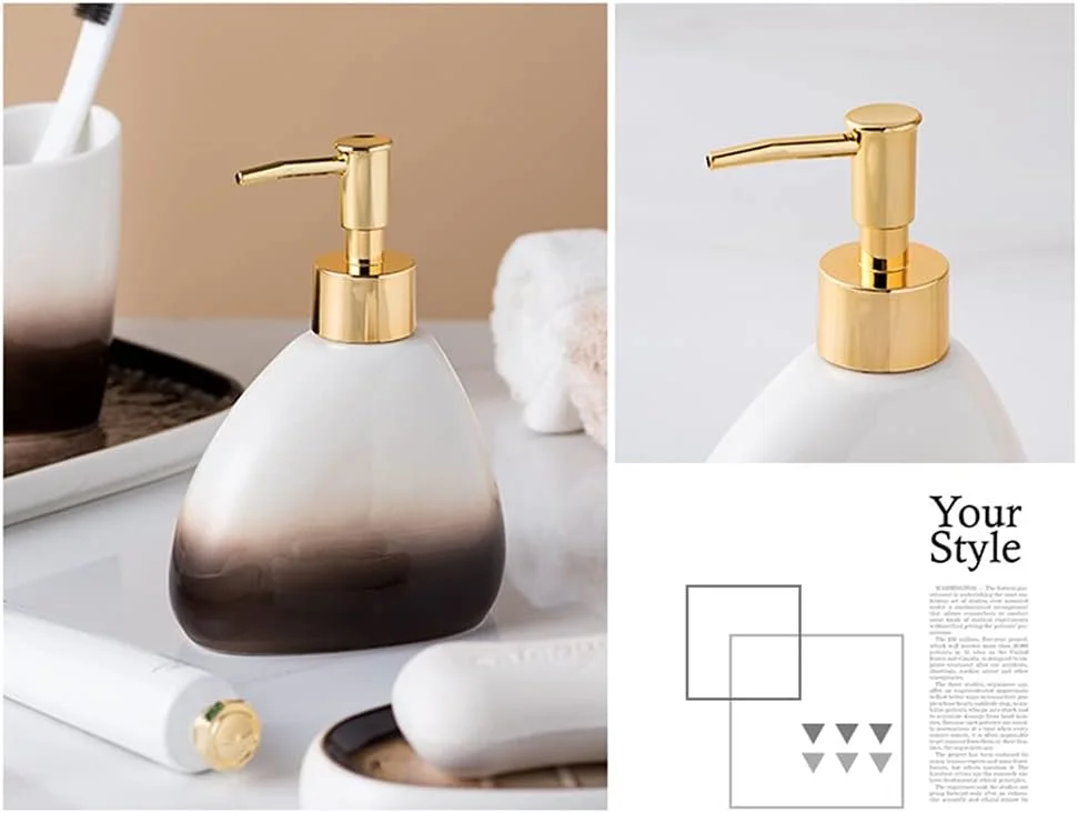 ست لوازم جانبی حمام 6 تکه سرامیکی با رنگ گرادیان شامل جای مایع صابون، جا مسواکی به همراه سینی ملامینه (رنگ: قهوه ای، سایز: ست 6 تکه) ست لوازم جانبی حمام 6 تکه سرامیکی با رنگ گرادیان شامل جای مایع صابون، جا مسواکی به همراه سینی ملامینه (رنگ: قهوه ای، سایز: ست 6 تکه)