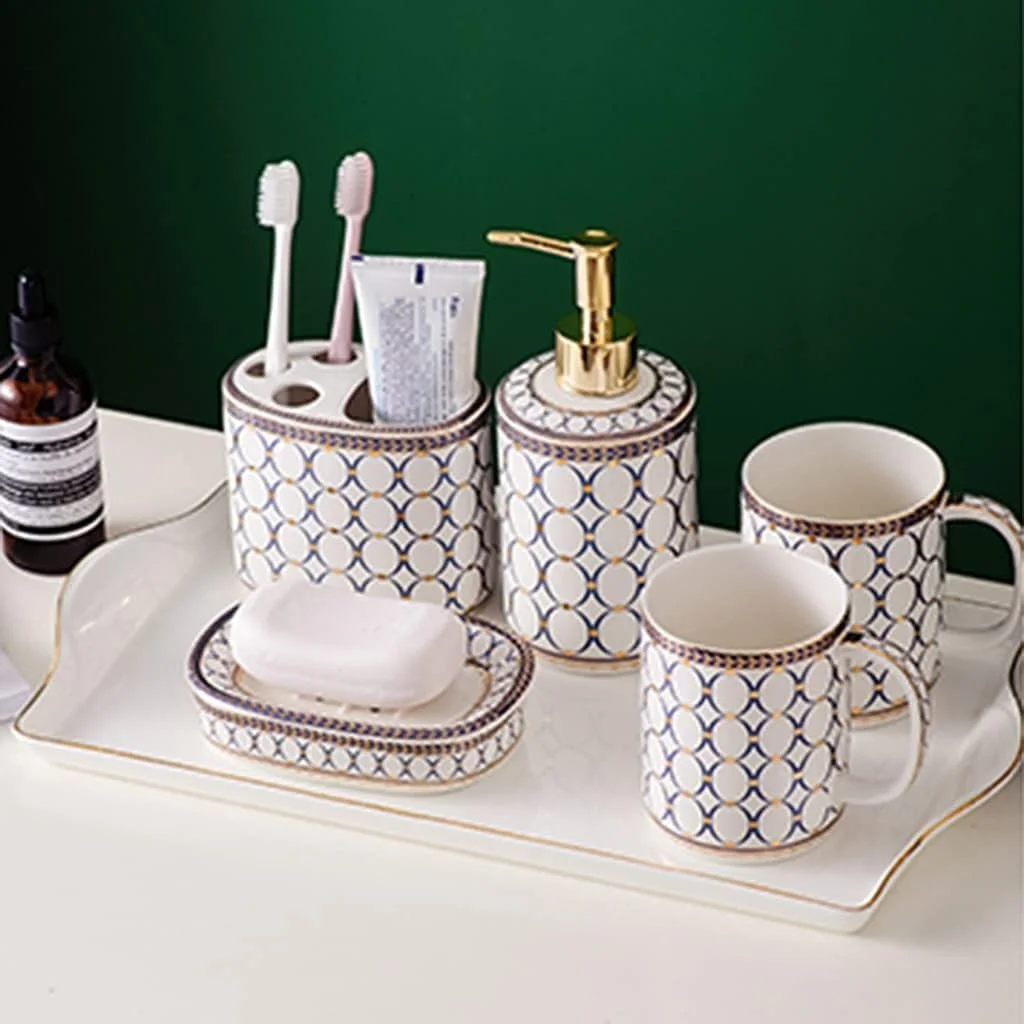 ست لوازم جانبی حمام 6 تکه، ست سرامیکی هندسی شامل جای مایع دستشویی، جا مسواکی به همراه سینی حمام (رنگ: آبی، سایز: ست 6 تکه) ست لوازم جانبی حمام 6 تکه، ست سرامیکی هندسی شامل جای مایع دستشویی، جا مسواکی به همراه سینی حمام (رنگ: آبی، سایز: ست 6 تکه)