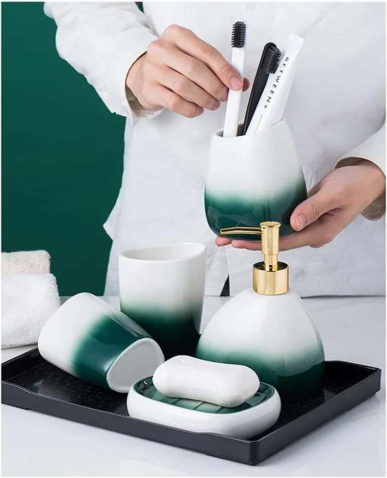 ست لوازم جانبی حمام 6 تکه سرامیکی با رنگ گرادیان، شامل جای مایع صابون، جا مسواکی و سینی ملامینه (رنگ: سبز، سایز: ست 6 تکه) ست لوازم جانبی حمام 6 تکه سرامیکی با رنگ گرادیان، شامل جای مایع صابون، جا مسواکی و سینی ملامینه (رنگ: سبز، سایز: ست 6 تکه)