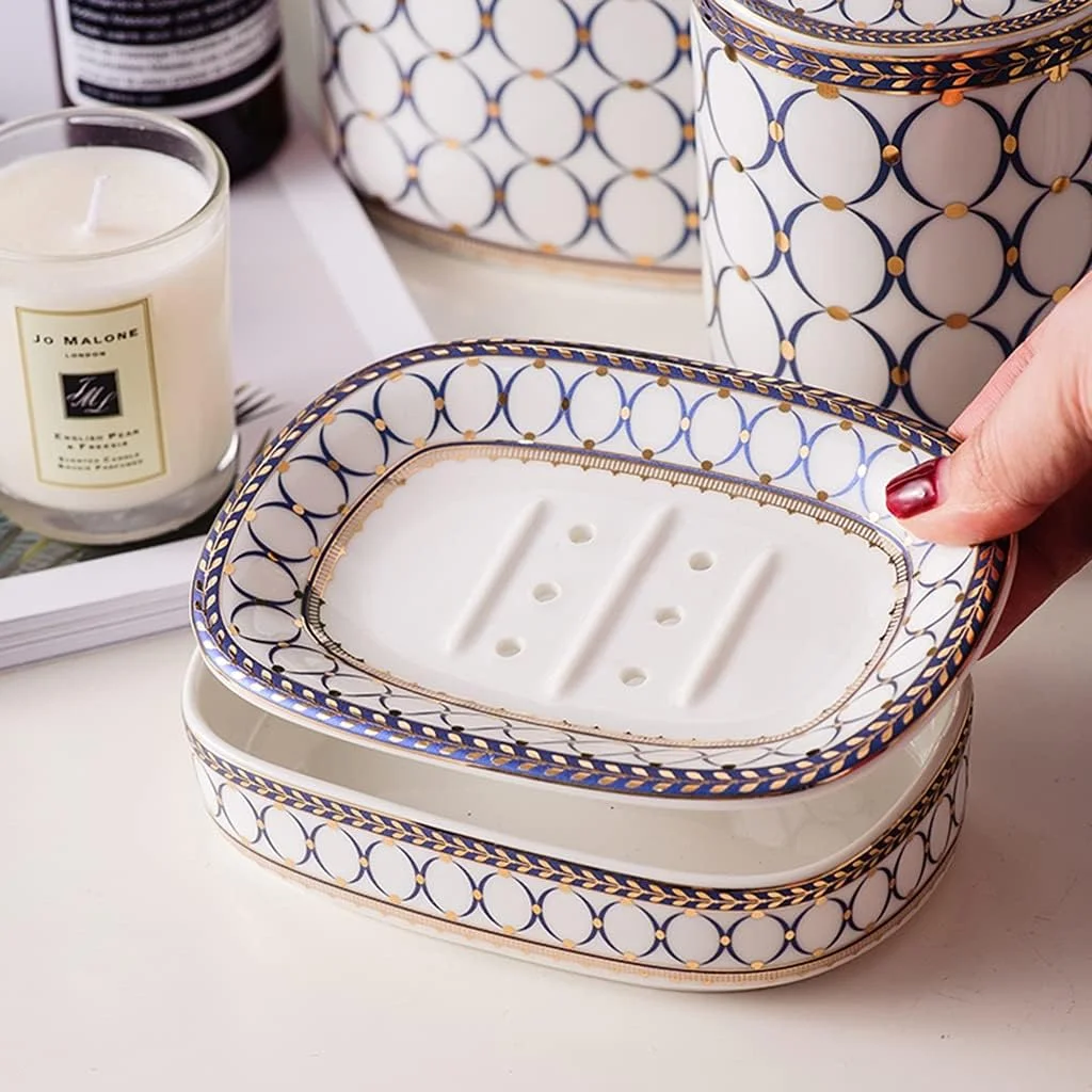 ست لوازم جانبی حمام 6 تکه، ست سرامیکی هندسی شامل جای مایع دستشویی، جا مسواکی به همراه سینی حمام (رنگ: آبی، سایز: ست 6 تکه) ست لوازم جانبی حمام 6 تکه، ست سرامیکی هندسی شامل جای مایع دستشویی، جا مسواکی به همراه سینی حمام (رنگ: آبی، سایز: ست 6 تکه)