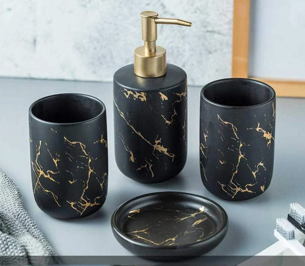 ست لوازم جانبی سرامیکی حمام FreAire، ست لوازم جانبی حمام 4 تکه، ست کامل لوازم جانبی رومیزی شامل جای مایع صابون/لوسیون، لیوان (مشکی (چهار تکه)) ست لوازم جانبی سرامیکی حمام FreAire، ست لوازم جانبی حمام 4 تکه، ست کامل لوازم جانبی رومیزی شامل جای مایع صابون/لوسیون، لیوان (مشکی (چهار تکه))