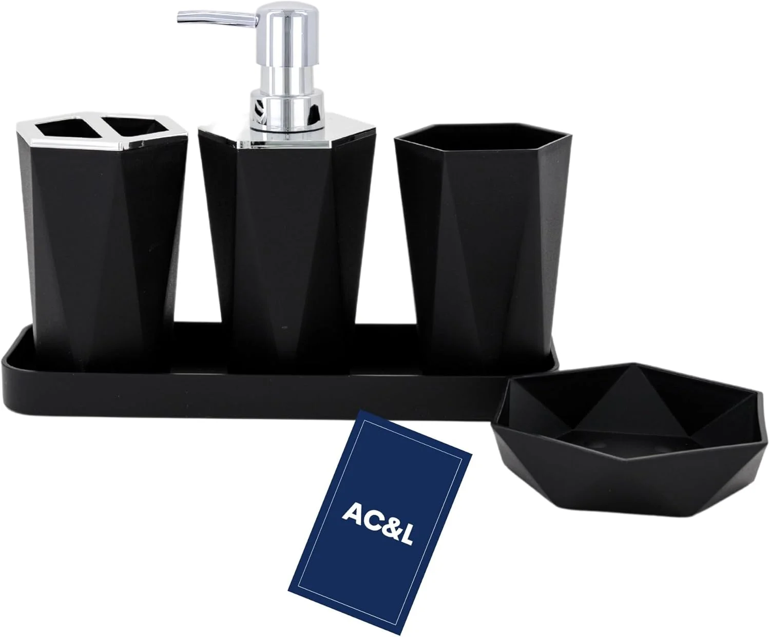 ست لوازم جانبی حمام AC&L، ست 5 تکه پلاستیکی برای پیشخوان حمام، شامل جا مایع دستشویی، جا مسواکی، جا صابونی، لیوان، سینی، و نظم دهنده دکوراسیون مدرن حمام (مشکی) ست لوازم جانبی حمام AC&L، ست 5 تکه پلاستیکی برای پیشخوان حمام، شامل جا مایع دستشویی، جا مسواکی، جا صابونی، لیوان، سینی، و نظم دهنده دکوراسیون مدرن حمام (مشکی)