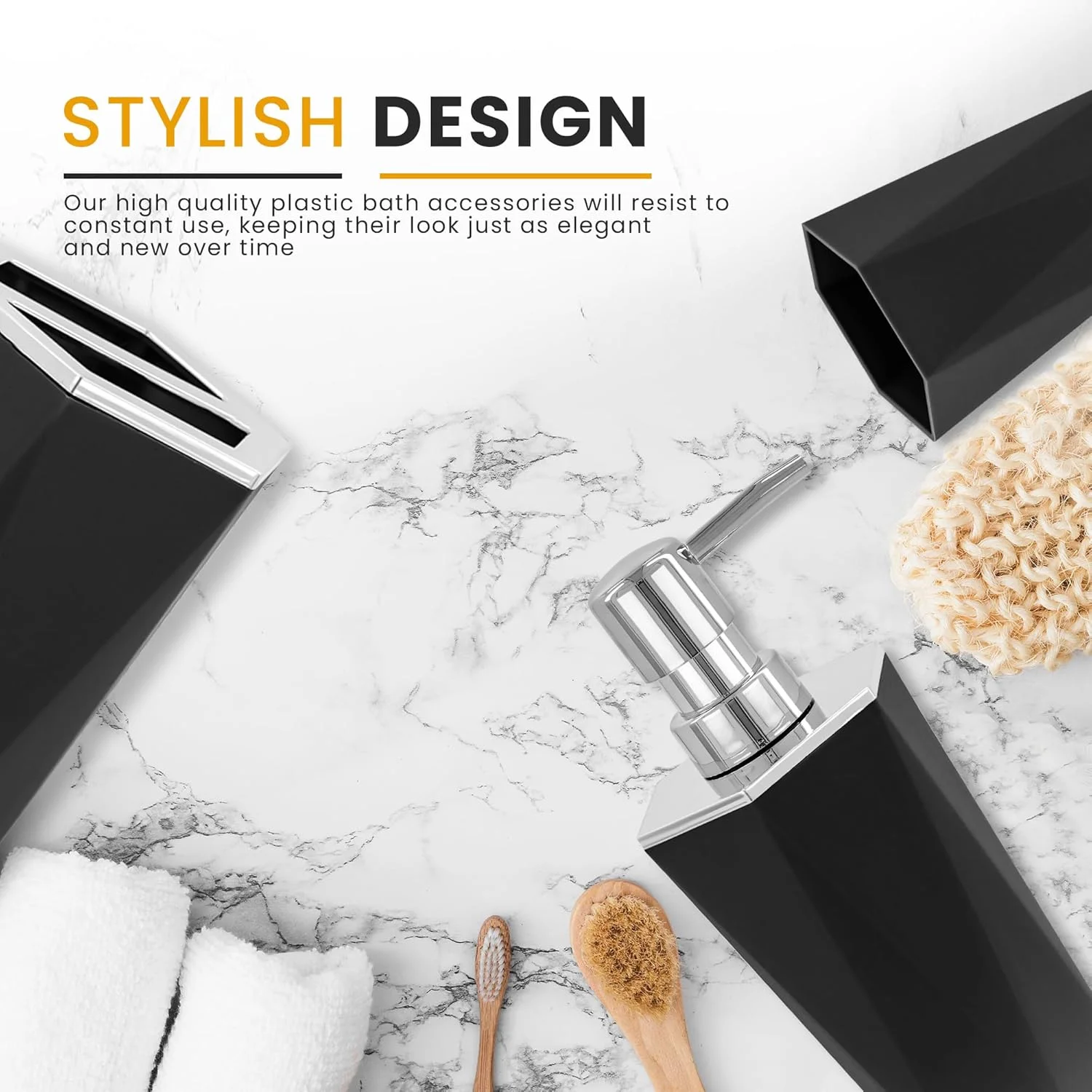 ست لوازم جانبی حمام AC&L، ست 5 تکه پلاستیکی برای پیشخوان حمام، شامل جا مایع دستشویی، جا مسواکی، جا صابونی، لیوان، سینی، و نظم دهنده دکوراسیون مدرن حمام (مشکی) ست لوازم جانبی حمام AC&L، ست 5 تکه پلاستیکی برای پیشخوان حمام، شامل جا مایع دستشویی، جا مسواکی، جا صابونی، لیوان، سینی، و نظم دهنده دکوراسیون مدرن حمام (مشکی)