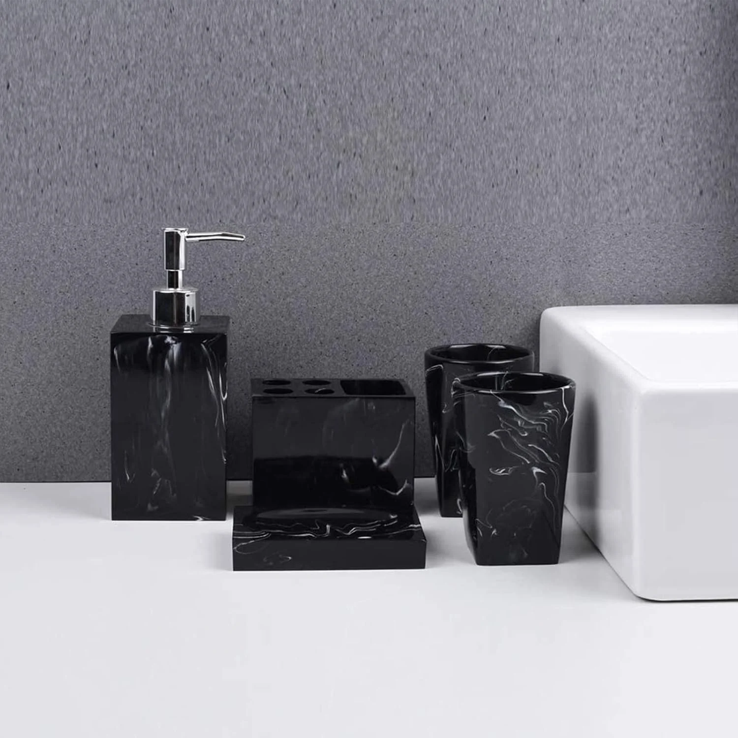 ست لوازم جانبی حمام، 5 تکه، ست کامل لوازم جانبی حمام رزینی طرح سنگ مرمر شامل جای صابون و مایع دستشویی تزئینی، جا مسواکی و لیوان