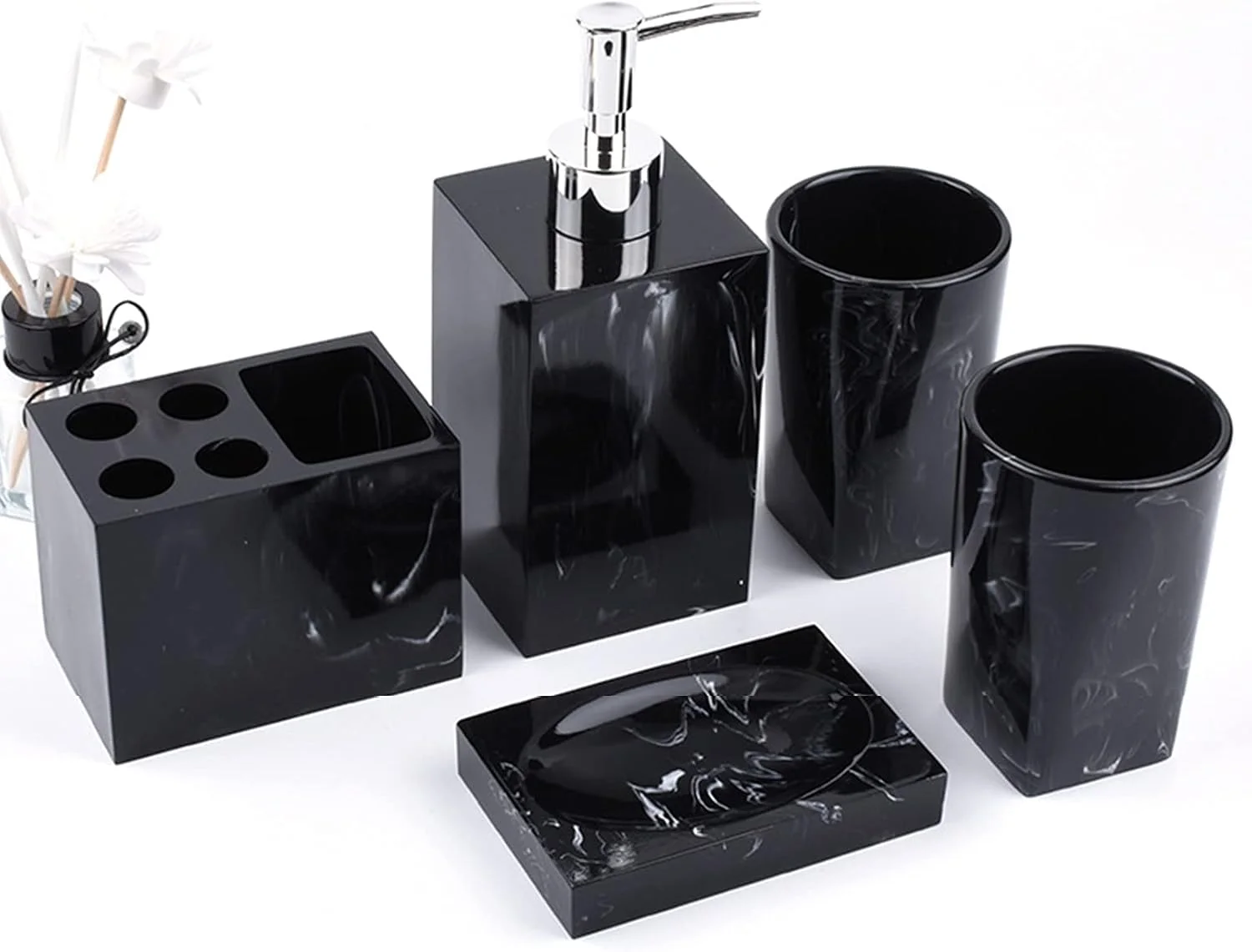 ست لوازم جانبی حمام، 5 تکه رزین کامل طرح سنگ مرمر شامل جای صابون و مایع دستشویی تزئینی، جا مسواکی و لیوان ست لوازم جانبی حمام، 5 تکه رزین کامل طرح سنگ مرمر شامل جای صابون و مایع دستشویی تزئینی، جا مسواکی و لیوان