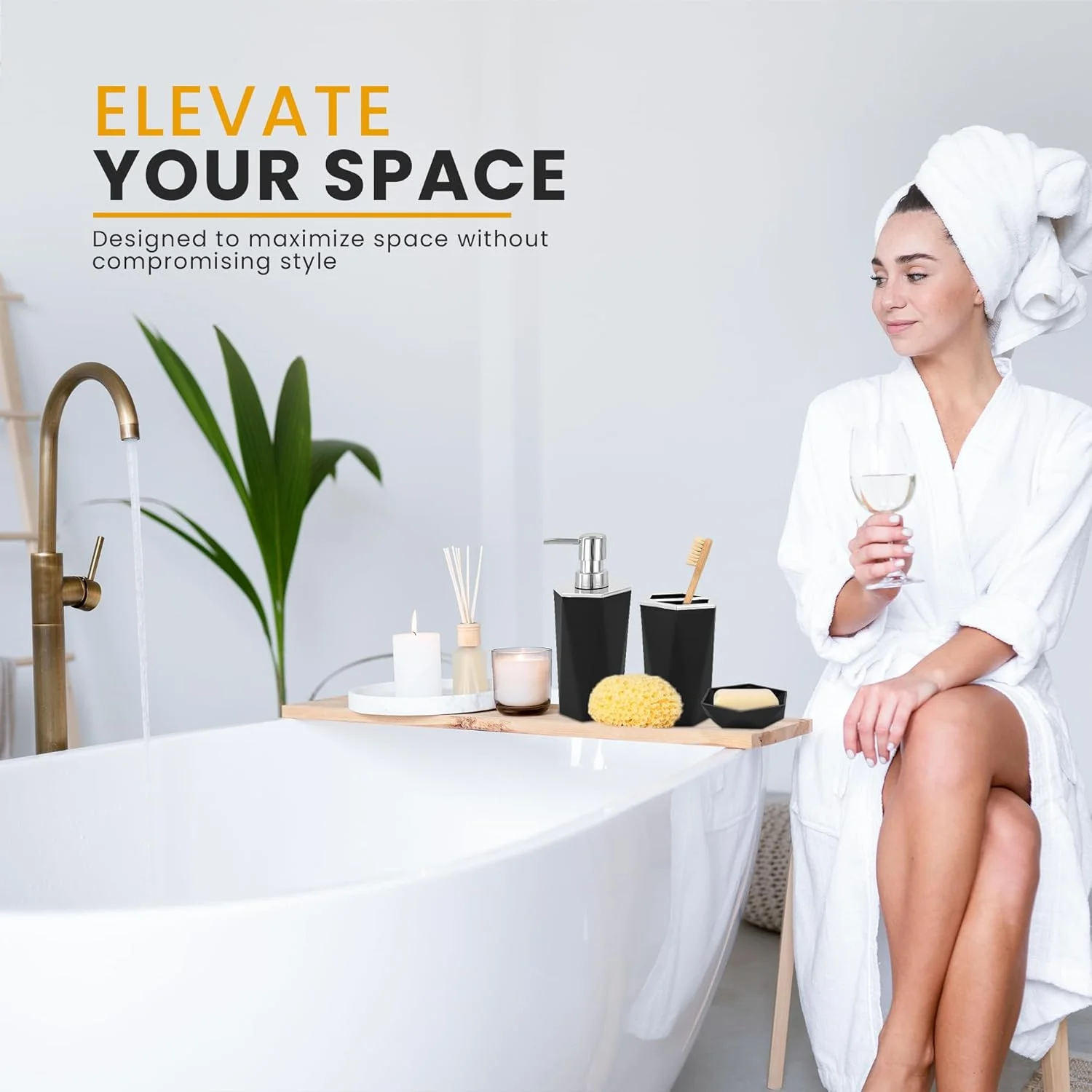 ست لوازم جانبی حمام AC&L، ست 5 تکه پلاستیکی برای پیشخوان حمام، شامل جا مایع دستشویی، جا مسواکی، جا صابونی، لیوان، سینی، و نظم دهنده دکوراسیون مدرن حمام (مشکی) ست لوازم جانبی حمام AC&L، ست 5 تکه پلاستیکی برای پیشخوان حمام، شامل جا مایع دستشویی، جا مسواکی، جا صابونی، لیوان، سینی، و نظم دهنده دکوراسیون مدرن حمام (مشکی)