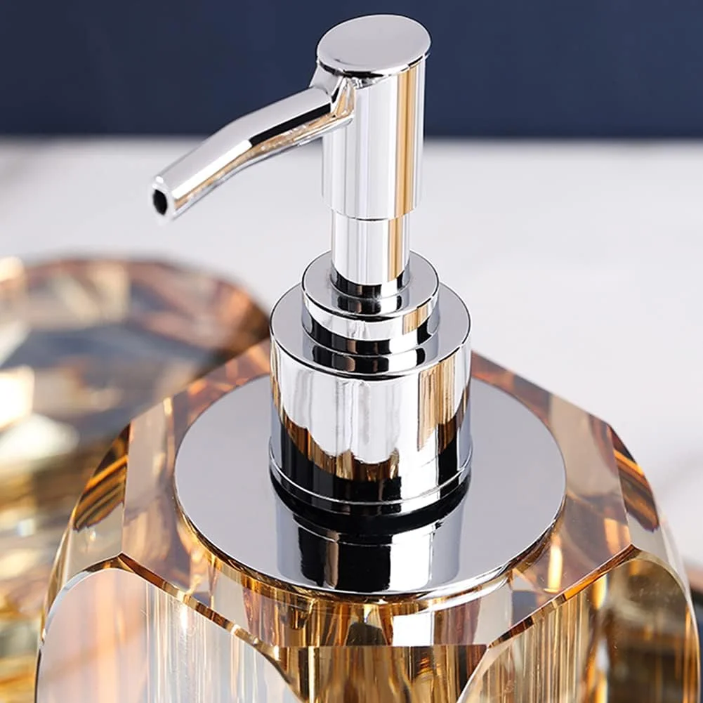 ست لوازم جانبی حمام 5 تکه شیشه ای کریستالی شامل جا مایع/لوسیون، جا مسواکی، لیوان و جا صابونی (طلایی) ست لوازم جانبی حمام 5 تکه شیشه ای کریستالی شامل جا مایع/لوسیون، جا مسواکی، لیوان و جا صابونی (طلایی)