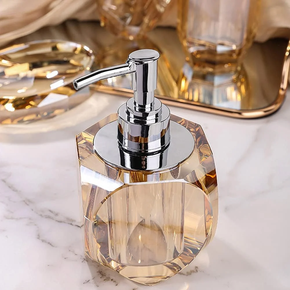 ست لوازم جانبی حمام 5 تکه شیشه ای کریستالی شامل جا مایع/لوسیون، جا مسواکی، لیوان و جا صابونی (طلایی) ست لوازم جانبی حمام 5 تکه شیشه ای کریستالی شامل جا مایع/لوسیون، جا مسواکی، لیوان و جا صابونی (طلایی)