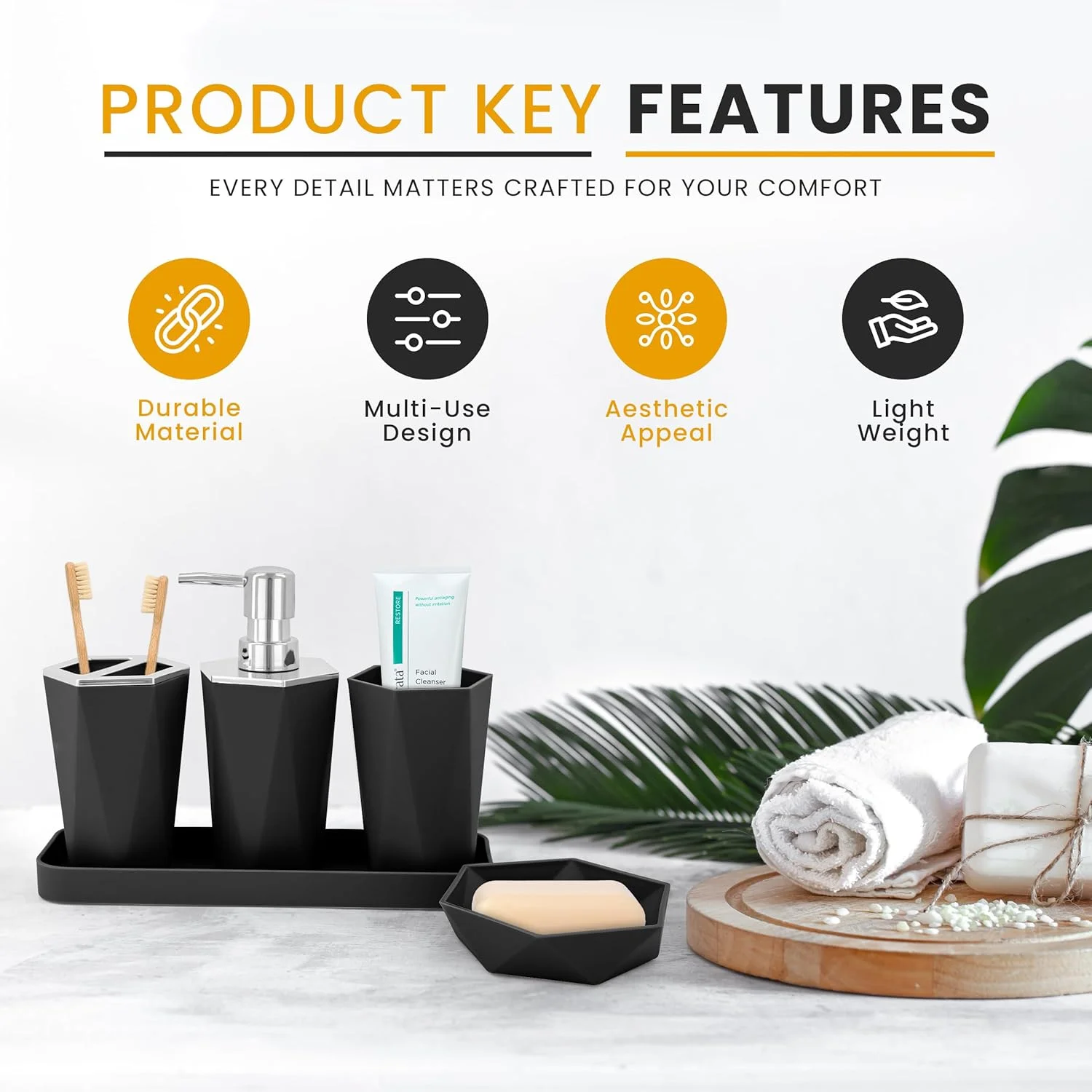 ست لوازم جانبی حمام AC&L، ست 5 تکه پلاستیکی برای پیشخوان حمام، شامل جا مایع دستشویی، جا مسواکی، جا صابونی، لیوان، سینی، و نظم دهنده دکوراسیون مدرن حمام (مشکی) ست لوازم جانبی حمام AC&L، ست 5 تکه پلاستیکی برای پیشخوان حمام، شامل جا مایع دستشویی، جا مسواکی، جا صابونی، لیوان، سینی، و نظم دهنده دکوراسیون مدرن حمام (مشکی)