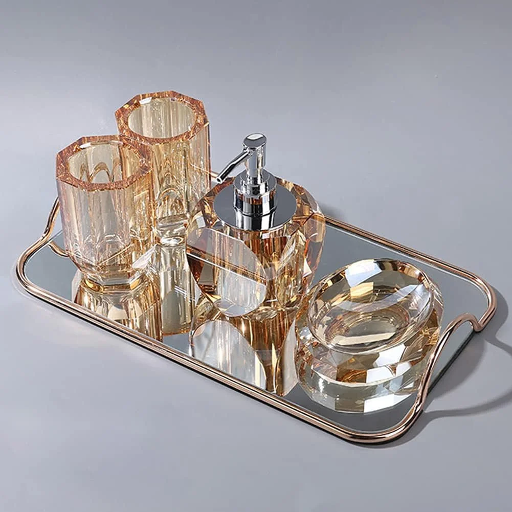 ست لوازم جانبی حمام 5 تکه شیشه ای کریستالی شامل جا مایع/لوسیون، جا مسواکی، لیوان و جا صابونی (طلایی) ست لوازم جانبی حمام 5 تکه شیشه ای کریستالی شامل جا مایع/لوسیون، جا مسواکی، لیوان و جا صابونی (طلایی)