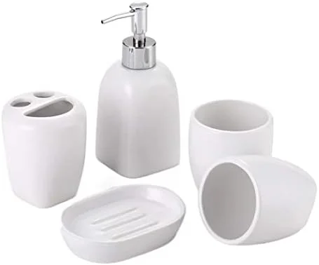 ست لوازم جانبی حمام، ست لوازم جانبی سرامیکی سفید رنگ برای حمام، ست 5 تکه شامل جای مایع دستشویی، جای مسواک و جا صابونی ست لوازم جانبی حمام، ست لوازم جانبی سرامیکی سفید رنگ برای حمام، ست 5 تکه شامل جای مایع دستشویی، جای مسواک و جا صابونی