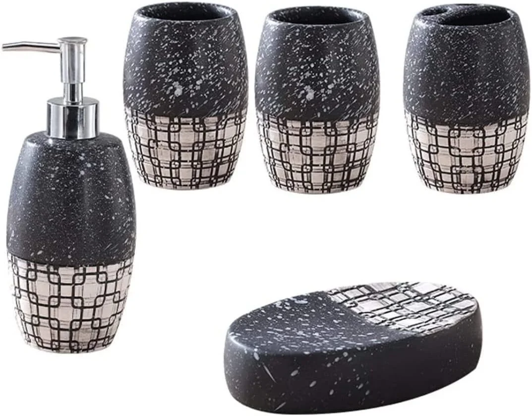 ست لوازم جانبی حمام، ست 5 تکه لوازم جانبی روی میز حمام شامل جا مایع دستشویی برای مایع یا لوسیون، ست لوازم جانبی حمام با طرح برجسته مات دانه برف ست لوازم جانبی حمام، ست 5 تکه لوازم جانبی روی میز حمام شامل جا مایع دستشویی برای مایع یا لوسیون، ست لوازم جانبی حمام با طرح برجسته مات دانه برف