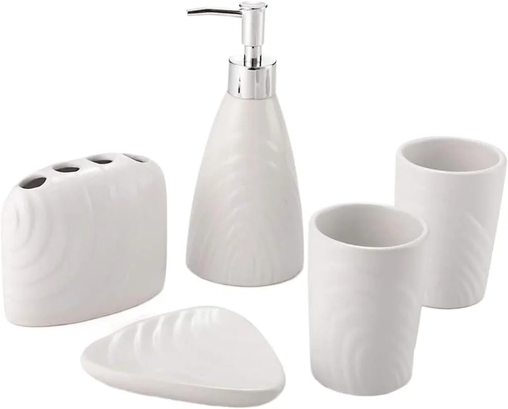 ست لوازم جانبی حمام، ست لوازم جانبی سرامیکی سفید رنگ، ست 5 تکه شامل جای مایع دستشویی، جا مسواکی و جا صابونی ست لوازم جانبی حمام، ست لوازم جانبی سرامیکی سفید رنگ، ست 5 تکه شامل جای مایع دستشویی، جا مسواکی و جا صابونی