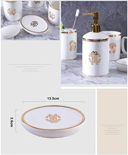 ست لوازم جانبی حمام، ست 5 تکه سرامیکی شامل جای مایع دستشویی، لیوان دهانشویه، جا صابونی و جا مسواکی
