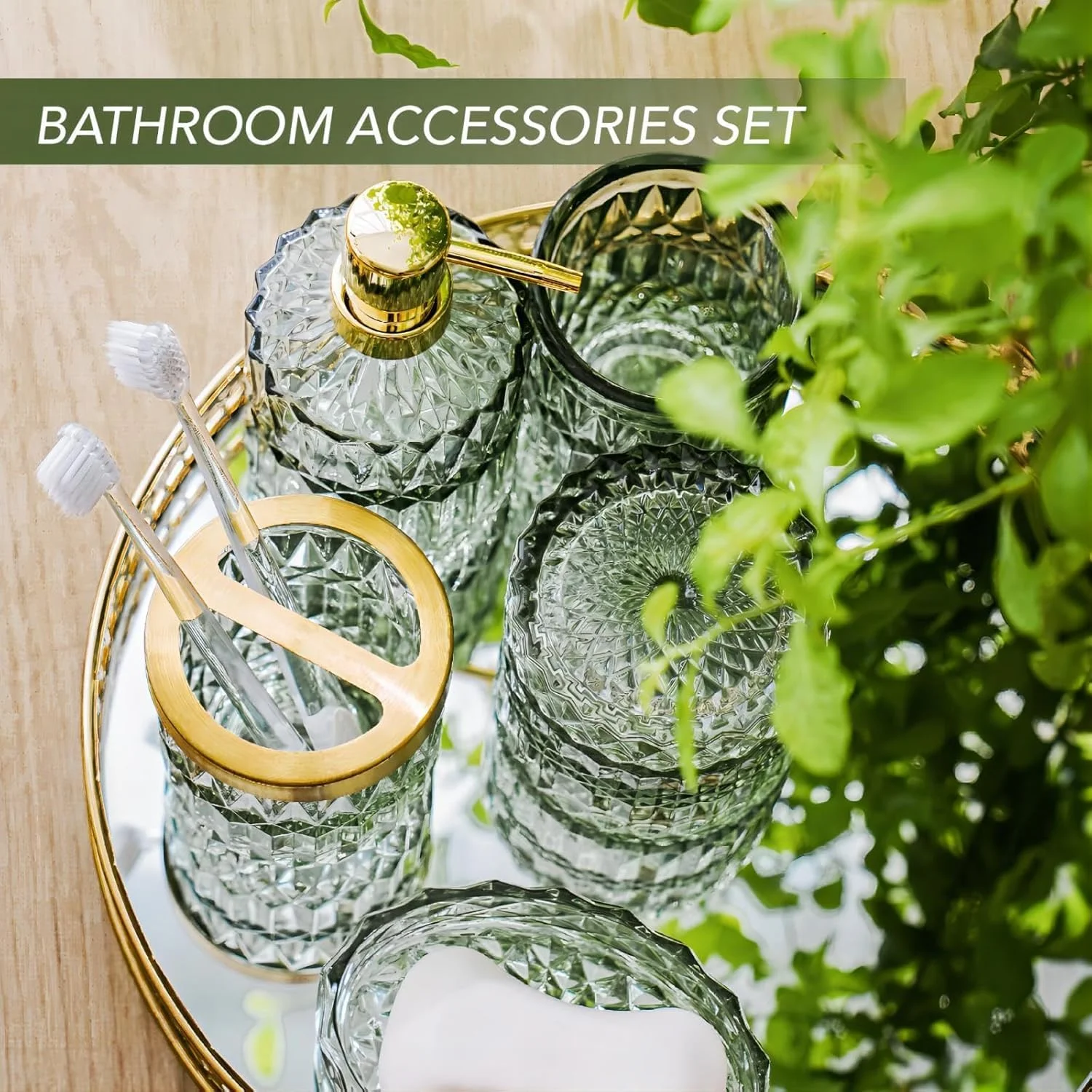 ست لوازم جانبی حمام سبز، ست 5 تکه لوازم جانبی حمام شیشه ای شامل جا مایع لوسیون، جا مسواکی، جا صابونی، لیوان، جا پنبه ای، دکوراسیون منزل (سبز) ست لوازم جانبی حمام سبز، ست 5 تکه لوازم جانبی حمام شیشه ای شامل جا مایع لوسیون، جا مسواکی، جا صابونی، لیوان، جا پنبه ای، دکوراسیون منزل (سبز)