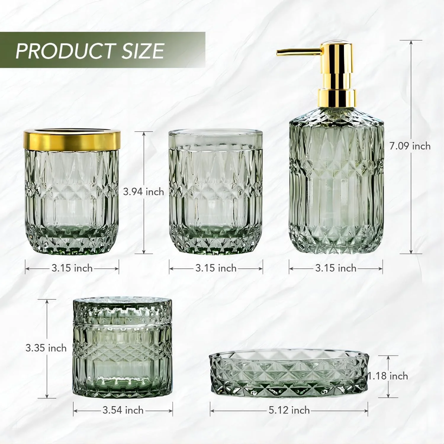 ست لوازم جانبی حمام سبز، ست 5 تکه لوازم جانبی حمام شیشه ای شامل جا مایع لوسیون، جا مسواکی، جا صابونی، لیوان، جا پنبه ای، دکوراسیون منزل (سبز) ست لوازم جانبی حمام سبز، ست 5 تکه لوازم جانبی حمام شیشه ای شامل جا مایع لوسیون، جا مسواکی، جا صابونی، لیوان، جا پنبه ای، دکوراسیون منزل (سبز)