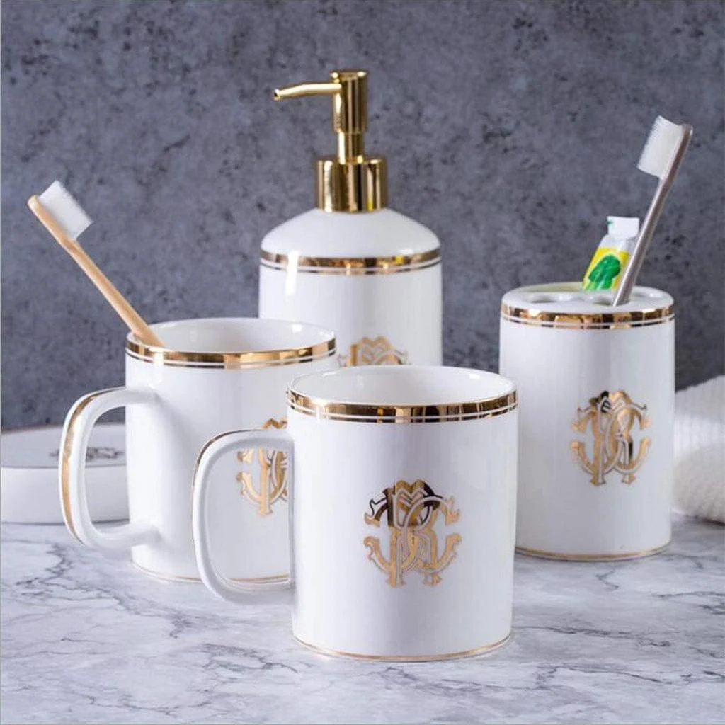 ست لوازم جانبی حمام، ست 5 تکه سرامیکی شامل جای مایع دستشویی، لیوان دهانشویه، جا صابونی و جا مسواکی ست لوازم جانبی حمام، ست 5 تکه سرامیکی شامل جای مایع دستشویی، لیوان دهانشویه، جا صابونی و جا مسواکی