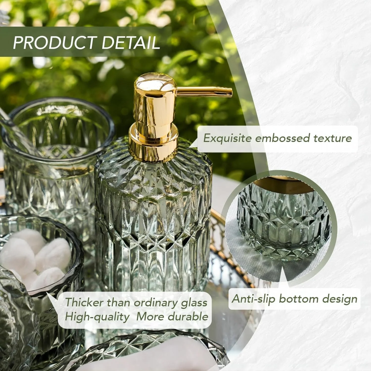 ست لوازم جانبی حمام سبز، ست 5 تکه لوازم جانبی حمام شیشه ای شامل جا مایع لوسیون، جا مسواکی، جا صابونی، لیوان، جا پنبه ای، دکوراسیون منزل (سبز) ست لوازم جانبی حمام سبز، ست 5 تکه لوازم جانبی حمام شیشه ای شامل جا مایع لوسیون، جا مسواکی، جا صابونی، لیوان، جا پنبه ای، دکوراسیون منزل (سبز)