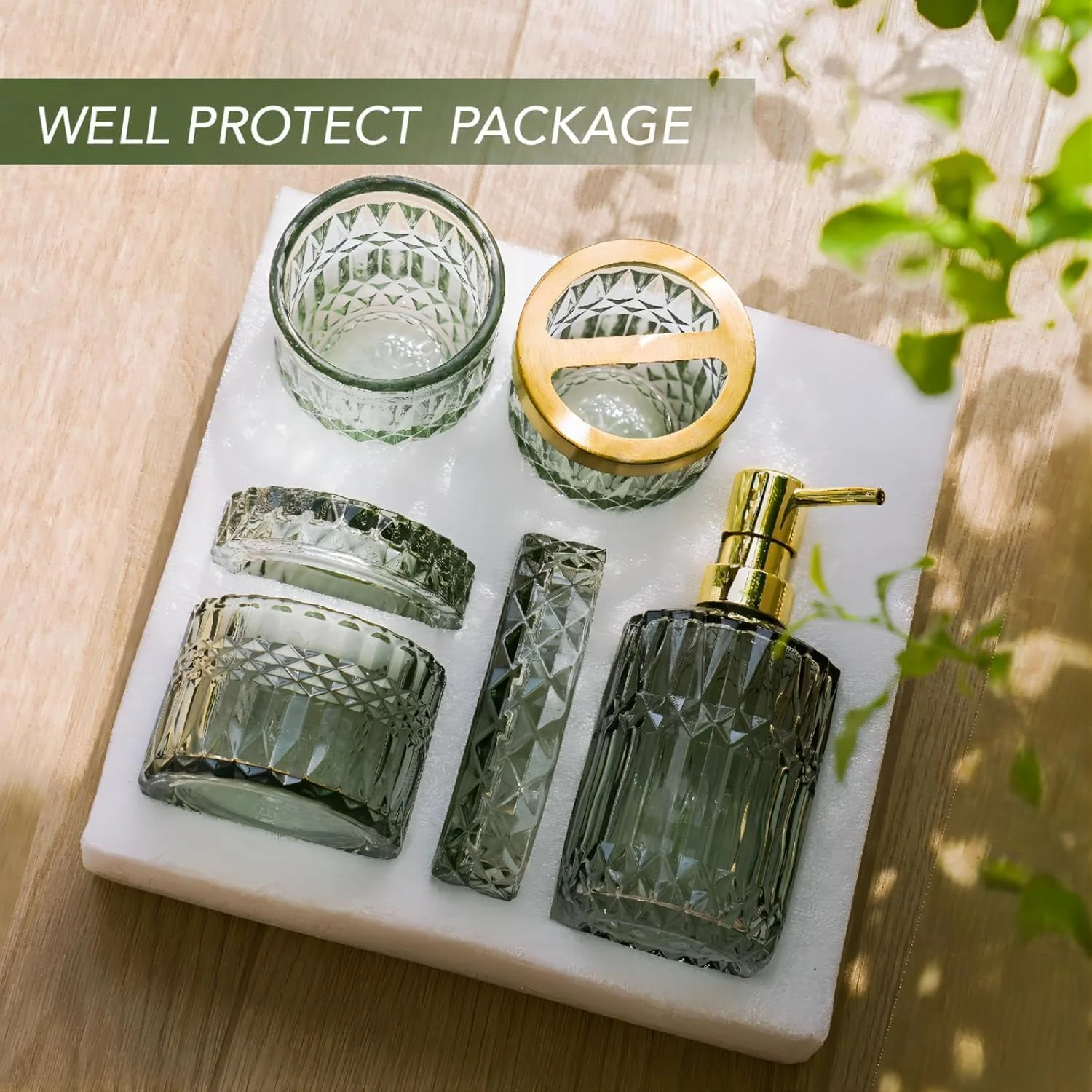 ست لوازم جانبی حمام سبز، ست 5 تکه لوازم جانبی حمام شیشه ای شامل جا مایع لوسیون، جا مسواکی، جا صابونی، لیوان، جا پنبه ای، دکوراسیون منزل (سبز) ست لوازم جانبی حمام سبز، ست 5 تکه لوازم جانبی حمام شیشه ای شامل جا مایع لوسیون، جا مسواکی، جا صابونی، لیوان، جا پنبه ای، دکوراسیون منزل (سبز)