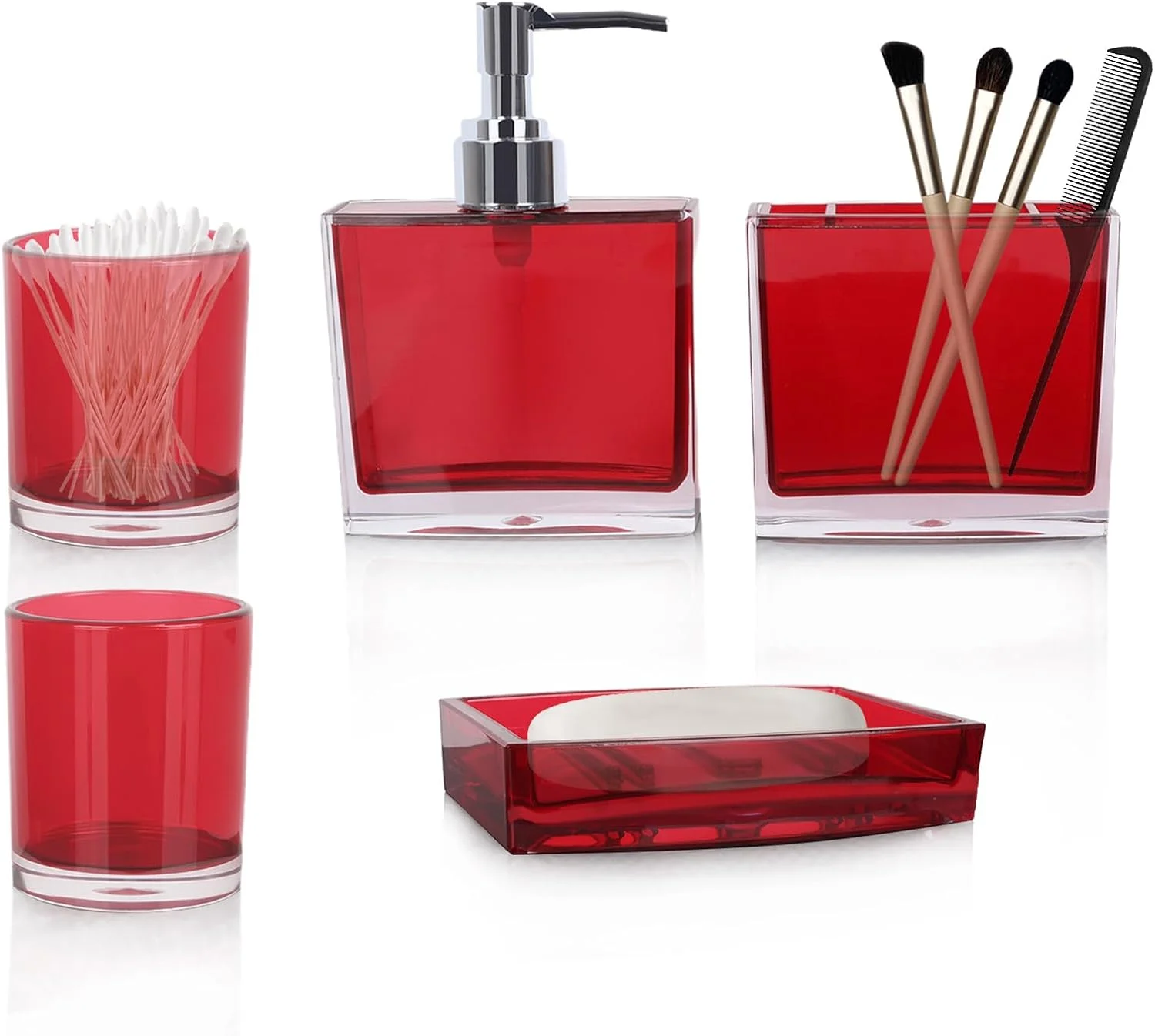 ست کامل لوازم جانبی حمام، ست 5 تکه لوازم جانبی حمام آکریلیک ممتاز، بطری ضدعفونی کننده دست، جا لوسیون، سطل زباله حمام، بطری جداگانه، جا صابونی، لیوان دهانشویه، جا مسواکی (مدل 3-قرمز) ست کامل لوازم جانبی حمام، ست 5 تکه لوازم جانبی حمام آکریلیک ممتاز، بطری ضدعفونی کننده دست، جا لوسیون، سطل زباله حمام، بطری جداگانه، جا صابونی، لیوان دهانشویه، جا مسواکی (مدل 3-قرمز)