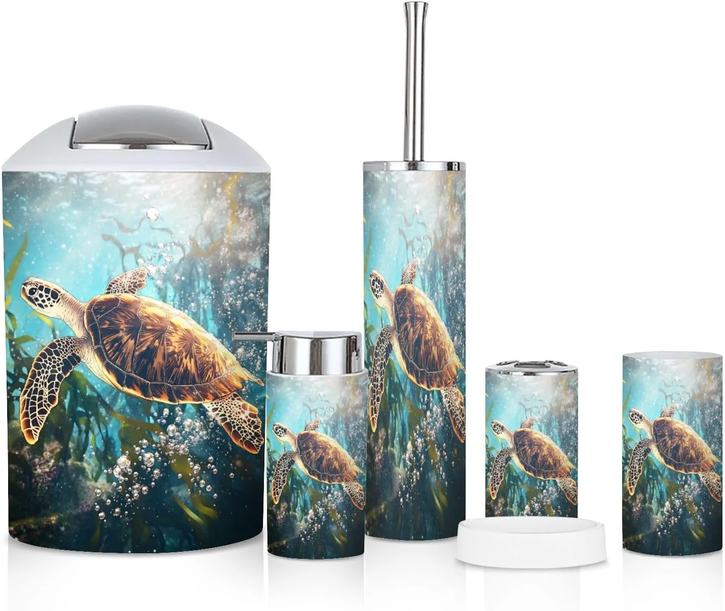 ست لوازم جانبی حمام 6 تکه طرح ماجراجویی لاک پشت دریایی، جنگل کلپ خیالی، سطل زباله، جا برس توالت، جا مسواکی، لیوان مسواک، جا مایع صابون، جا صابونی برای خانه ست لوازم جانبی حمام 6 تکه طرح ماجراجویی لاک پشت دریایی، جنگل کلپ خیالی، سطل زباله، جا برس توالت، جا مسواکی، لیوان مسواک، جا مایع صابون، جا صابونی برای خانه