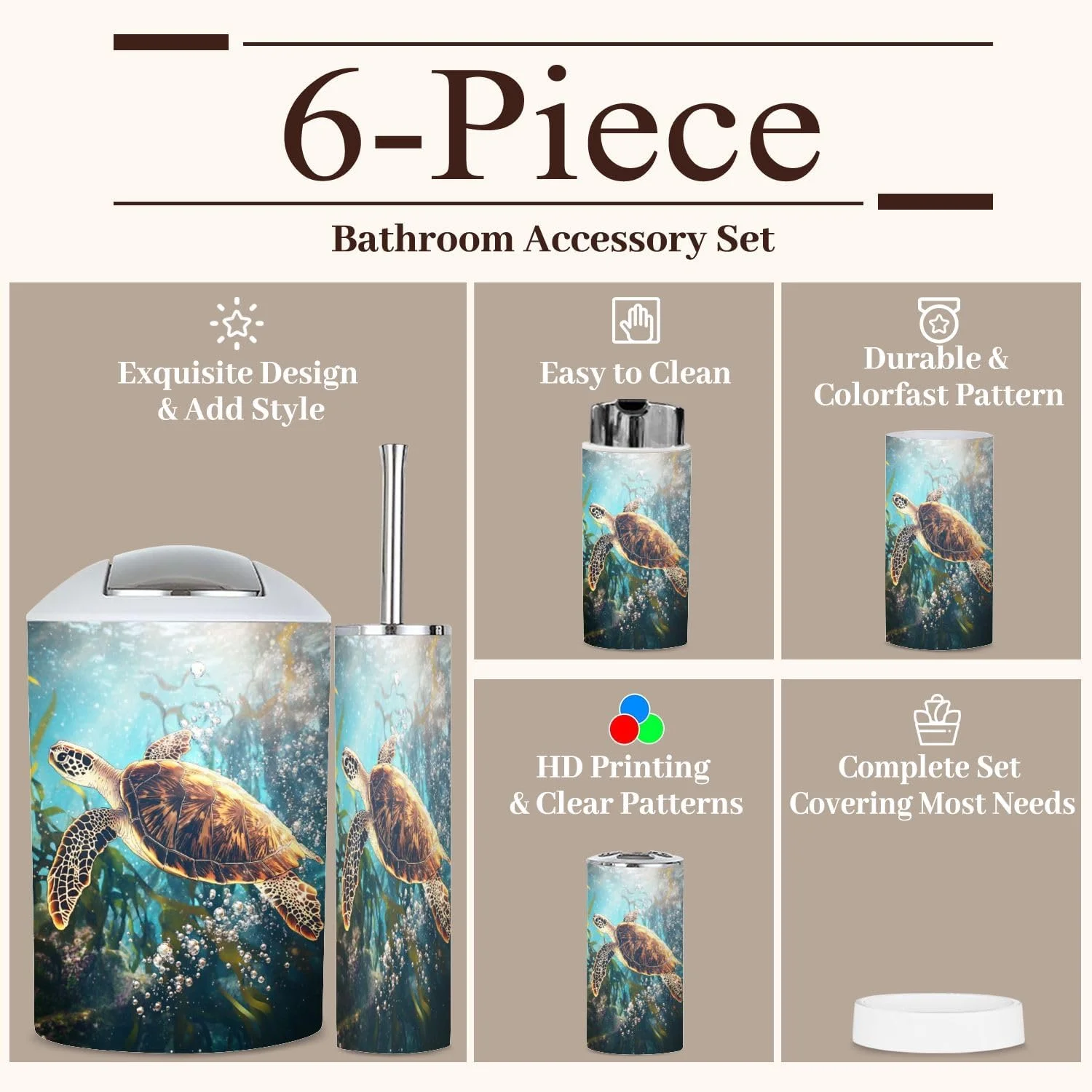 ست لوازم جانبی حمام 6 تکه طرح ماجراجویی لاک پشت دریایی، جنگل کلپ خیال انگیز، سطل زباله، جا مسواکی، جا مایع دستشویی، جا صابونی برای منزل ست لوازم جانبی حمام 6 تکه طرح ماجراجویی لاک پشت دریایی، جنگل کلپ خیال انگیز، سطل زباله، جا مسواکی، جا مایع دستشویی، جا صابونی برای منزل