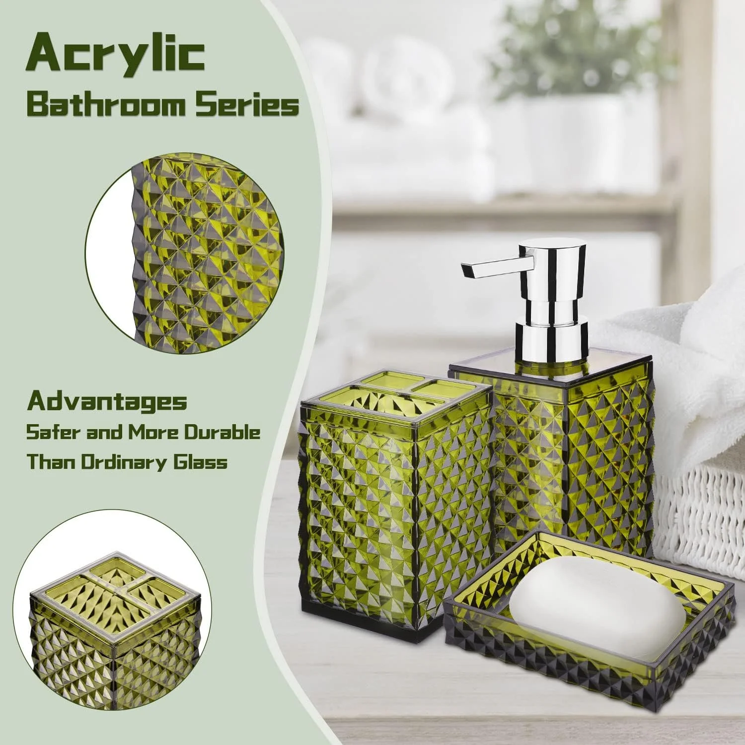 ست لوازم جانبی حمام، ست 5 تکه لوازم جانبی حمام اکریلیک سبز، شامل جا مایع صابون، جا صابونی، لیوان شستشو، جا مسواکی، برس توالت، دکور حمام و هدیه ست لوازم جانبی حمام، ست 5 تکه لوازم جانبی حمام اکریلیک سبز، شامل جا مایع صابون، جا صابونی، لیوان شستشو، جا مسواکی، برس توالت، دکور حمام و هدیه