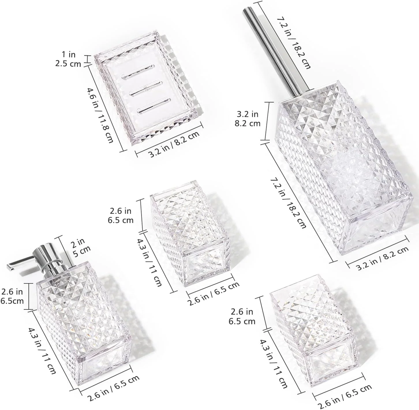 ست لوازم جانبی حمام، ست 5 تکه لوازم جانبی حمام اکریلیک شامل جا مایع صابون، جای صابون، لیوان شستشو، جا مسواکی، برس توالت، دکور و هدیه نفیس حمام