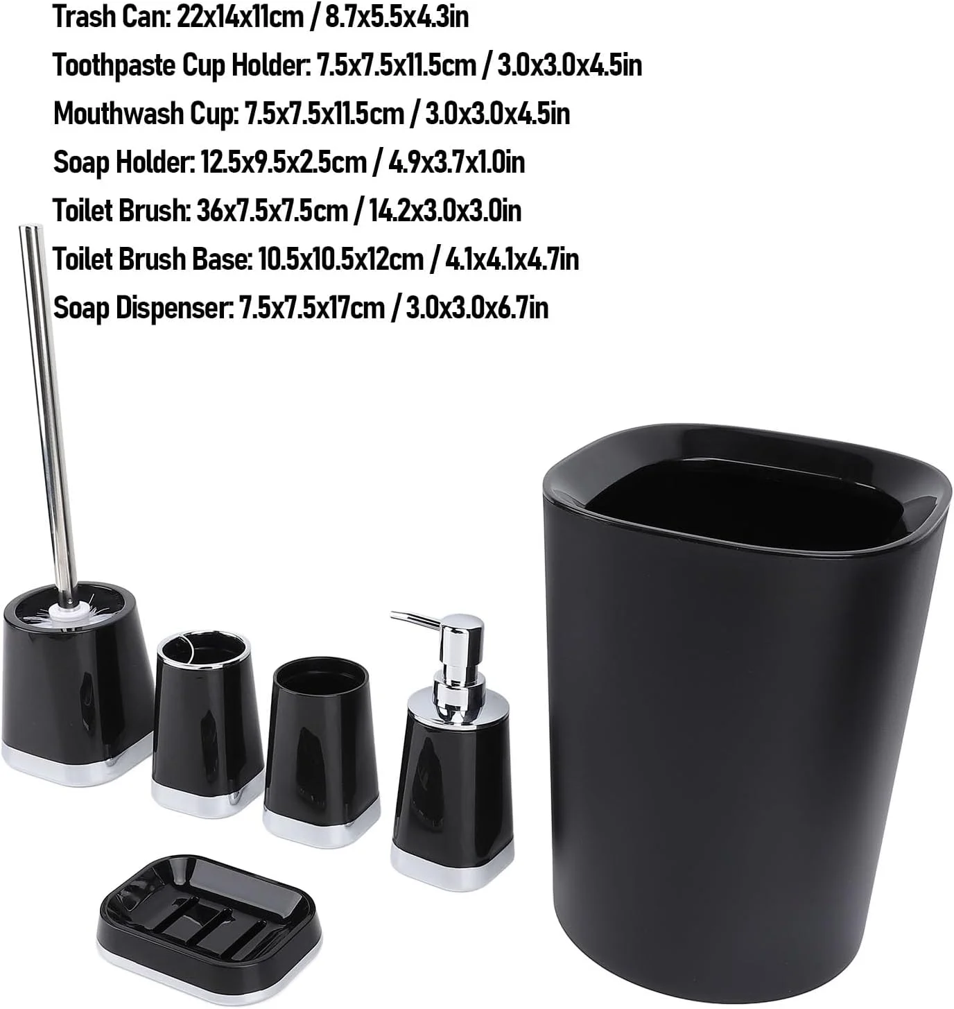 ست لوازم جانبی حمام، شامل سطل زباله، برس توالت، جا مسواکی، جا مایع صابون، جا صابونی، و نظم دهنده حمام ست لوازم جانبی حمام، شامل سطل زباله، برس توالت، جا مسواکی، جا مایع صابون، جا صابونی، و نظم دهنده حمام