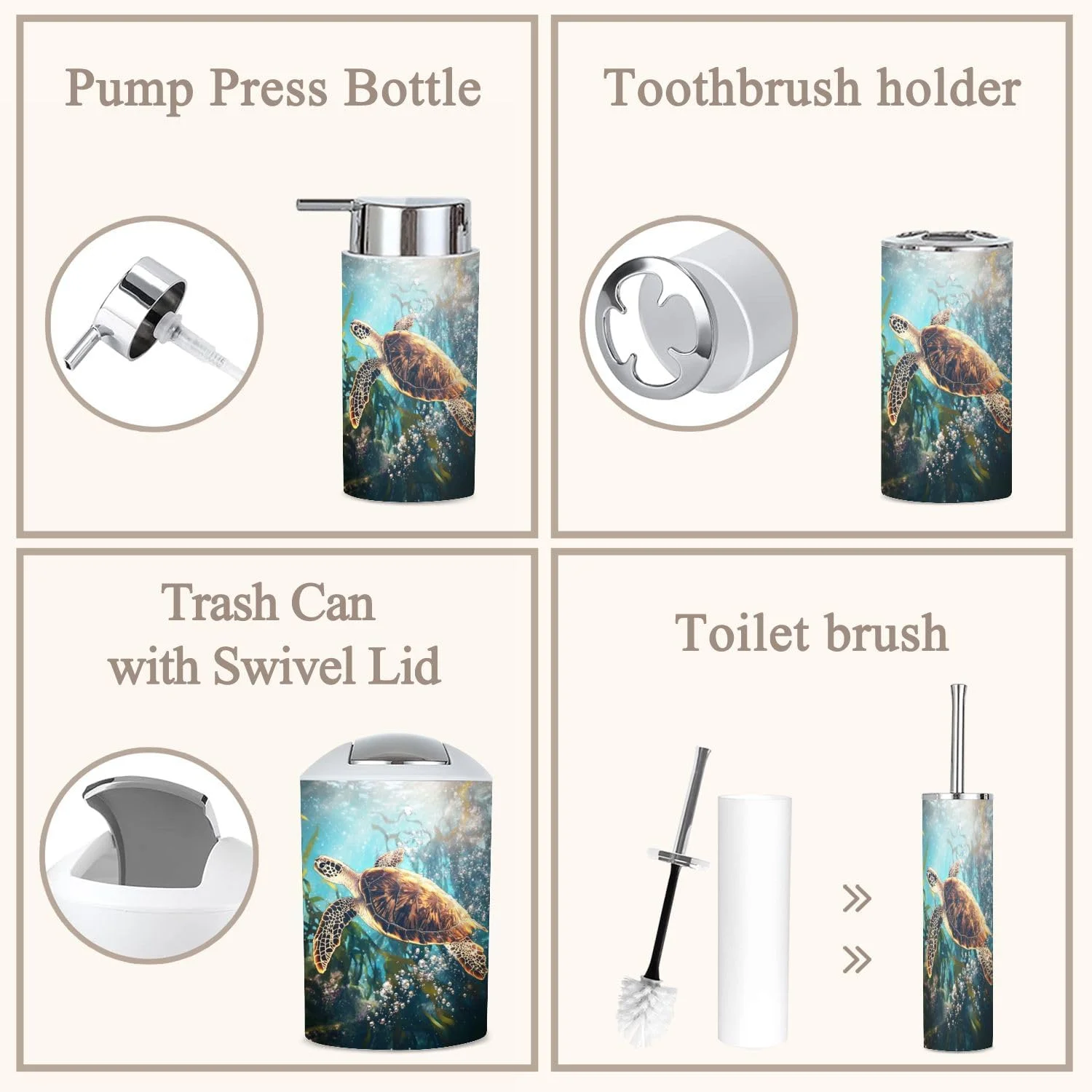 ست لوازم جانبی حمام 6 تکه طرح ماجراجویی لاک پشت دریایی، جنگل کلپ خیالی، سطل زباله، جا برس توالت، جا مسواکی، لیوان مسواک، جا مایع صابون، جا صابونی برای خانه ست لوازم جانبی حمام 6 تکه طرح ماجراجویی لاک پشت دریایی، جنگل کلپ خیالی، سطل زباله، جا برس توالت، جا مسواکی، لیوان مسواک، جا مایع صابون، جا صابونی برای خانه