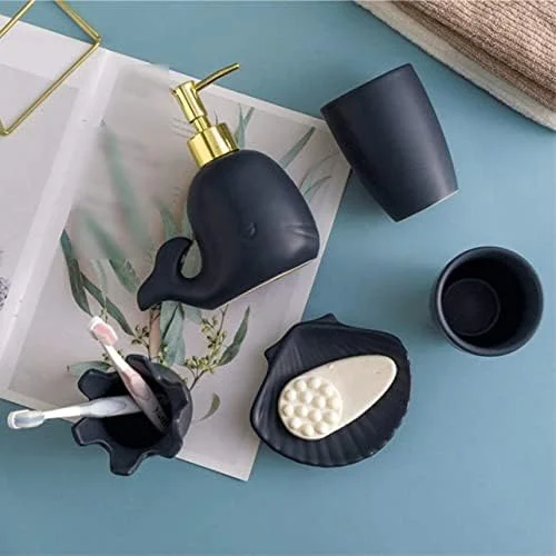 ست لوازم جانبی حمام، ست لوازم جانبی سرامیکی 5 تکه شامل جا مایع دستشویی با طرح نهنگ، ست لوازم جانبی حمام ست لوازم جانبی حمام، ست لوازم جانبی سرامیکی 5 تکه شامل جا مایع دستشویی با طرح نهنگ، ست لوازم جانبی حمام