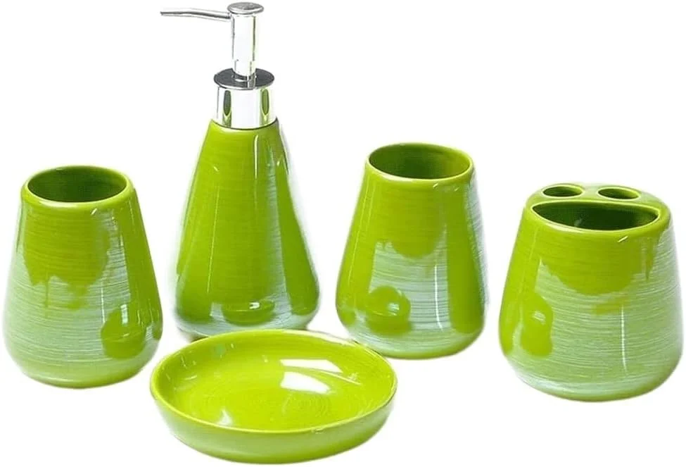 ست لوازم جانبی حمام، ست 5 تکه لوازم حمام با ظاهری مرواریدی، ست سرامیکی حمام به همراه جا مایع دستشویی