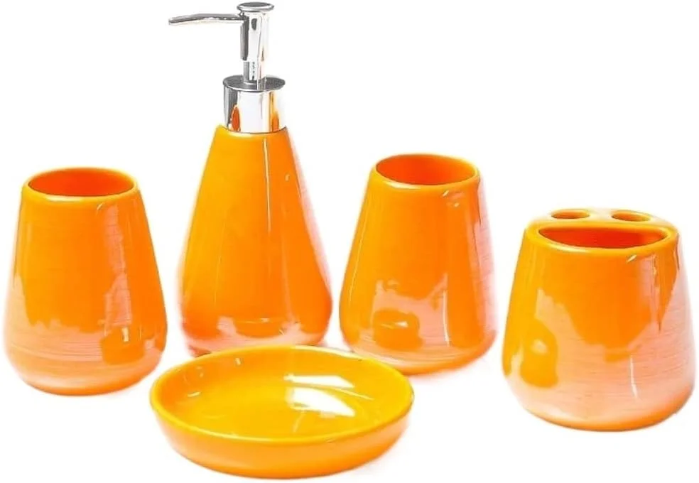 ست لوازم جانبی حمام، ست 5 تکه لوازم حمام با ظاهری مرواریدی، ست سرامیکی حمام با پخش کننده مایع صابون