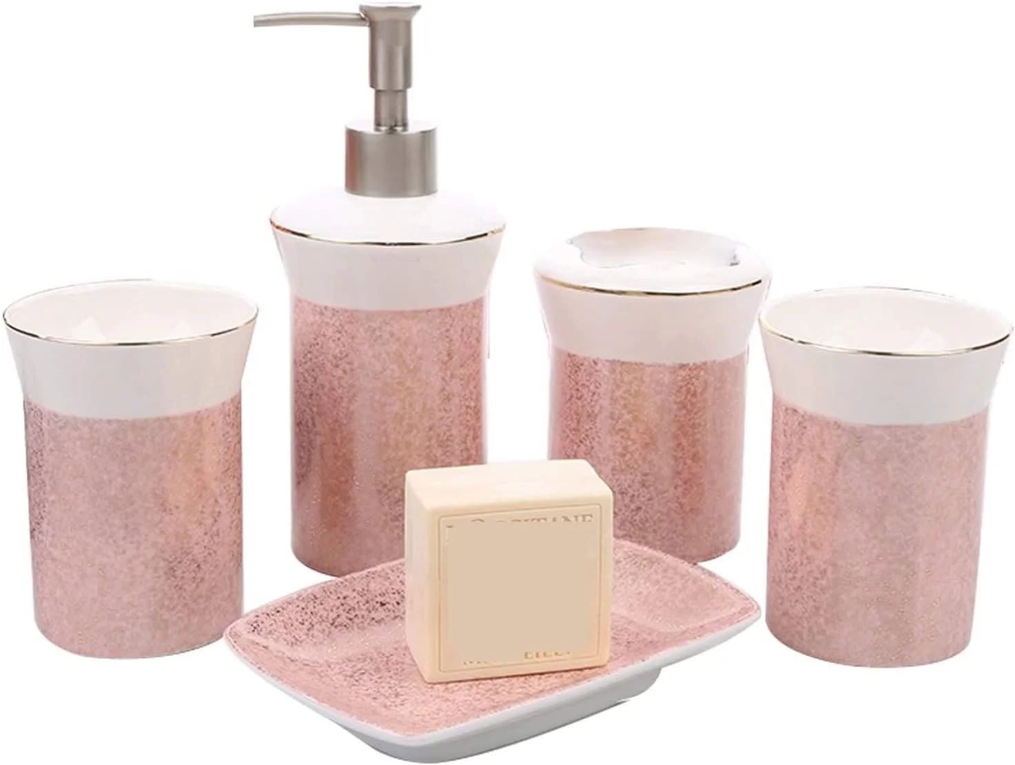 ست لوازم جانبی حمام، ست لوازم حمام صورتی رنگ ساخته شده از سرامیک، ست خلاقانه منزل، ست لوازم جانبی حمام برای هدیه، ست لوازم جانبی حمام