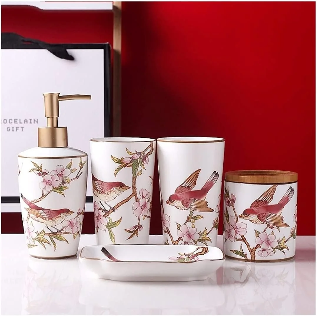 ست لوازم جانبی حمام، ست لوازم حمام، ست حمام سرامیکی، ست لوازم جانبی حمام 5 تکه طرح گل و پرنده، کیت شستشوی عروسی، دکوراسیون، ست لوازم جانبی حمام، لوازم جانبی حمام