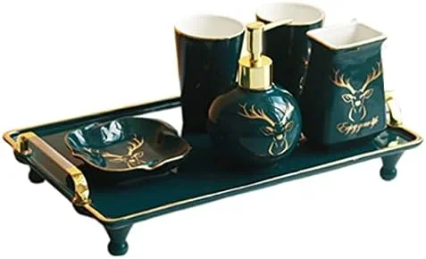 ست لوازم جانبی حمام، ست لوازم حمام سرامیکی شیک، ست لوازم جانبی لوکس حمام، سر گوزن سبز تیره با تزئینات طلایی