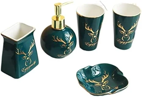 ست لوازم جانبی حمام، ست لوازم حمام سرامیکی شیک، لوازم جانبی لوکس حمام، ست تزئینی طلایی با سر گوزن سبز تیره، ست لوازم جانبی حمام ست لوازم جانبی حمام، ست لوازم حمام سرامیکی شیک، لوازم جانبی لوکس حمام، ست تزئینی طلایی با سر گوزن سبز تیره، ست لوازم جانبی حمام