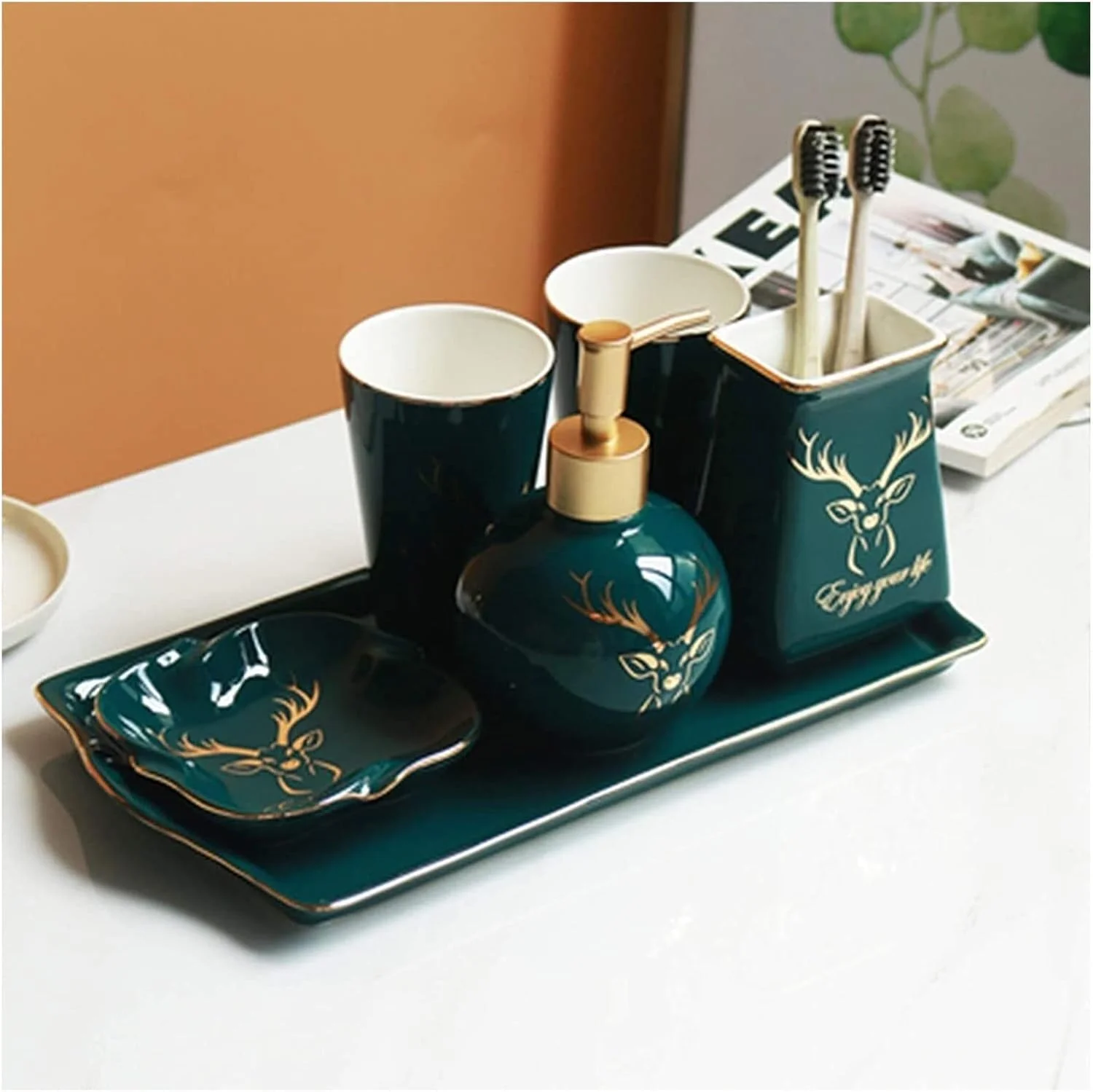 ست لوازم جانبی حمام، ست لوازم حمام سرامیکی شیک، لوازم جانبی لوکس حمام، ست تزئینی سبز تیره با سر گوزن طلایی ست لوازم جانبی حمام، ست لوازم حمام سرامیکی شیک، لوازم جانبی لوکس حمام، ست تزئینی سبز تیره با سر گوزن طلایی