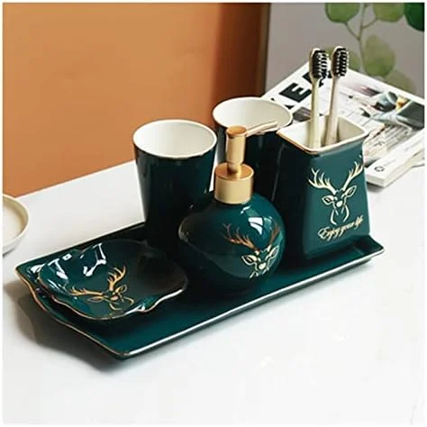 ست لوازم جانبی حمام، ست لوازم حمام سرامیکی شیک، ست لوازم جانبی حمام لوکس، ست تزئینی سر گوزن سبز تیره طلایی ست لوازم جانبی حمام، ست لوازم حمام سرامیکی شیک، ست لوازم جانبی حمام لوکس، ست تزئینی سر گوزن سبز تیره طلایی