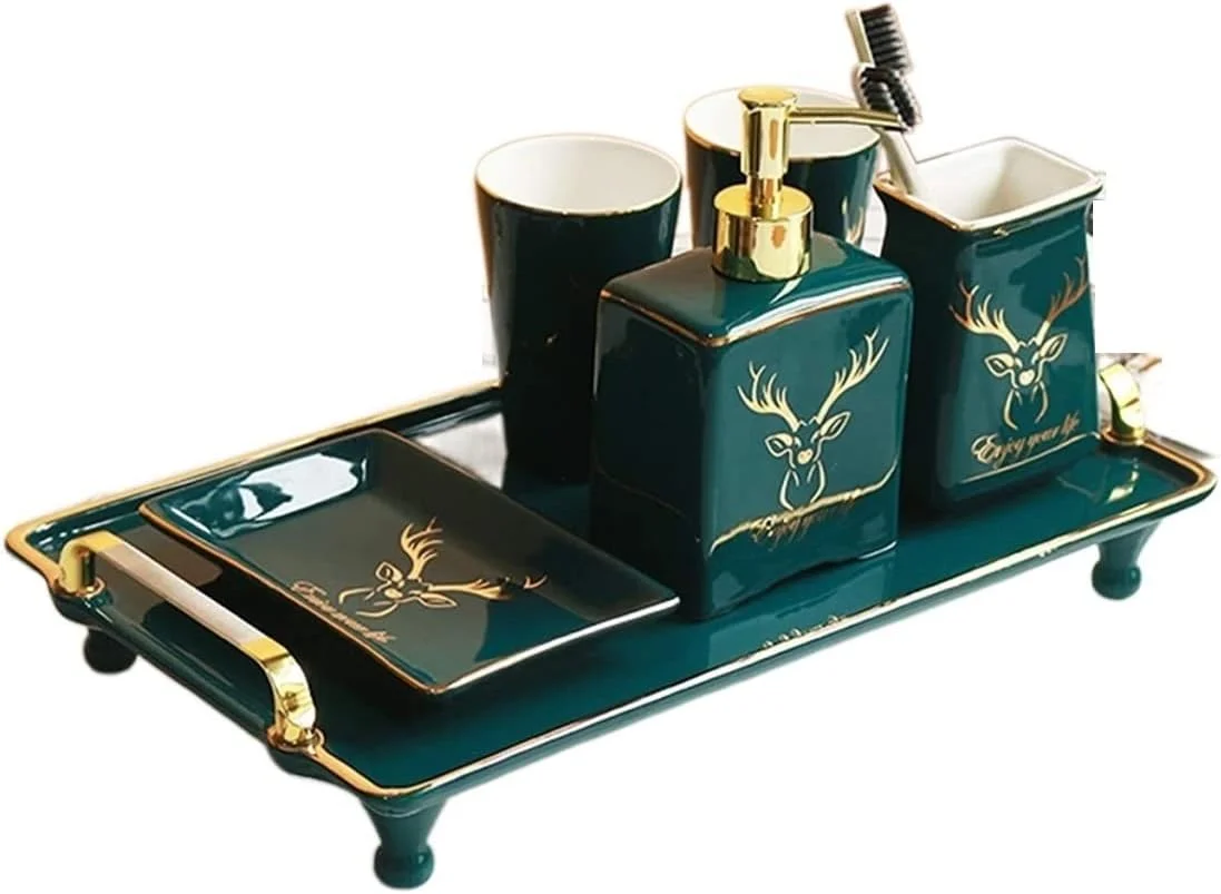 ست لوازم جانبی حمام، ست لوازم حمام سرامیکی شیک، ست لوازم جانبی لوکس حمام، ست تزئینی سبز تیره با سر گوزن طلایی ست لوازم جانبی حمام، ست لوازم حمام سرامیکی شیک، ست لوازم جانبی لوکس حمام، ست تزئینی سبز تیره با سر گوزن طلایی