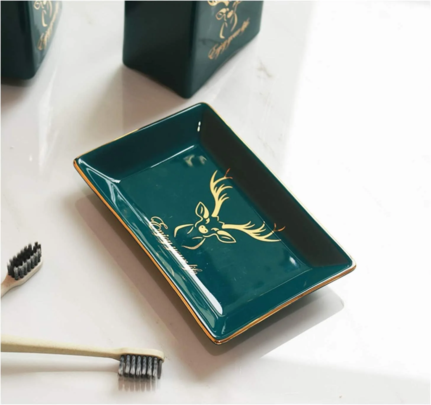 ست لوازم جانبی حمام، ست لوازم حمام سرامیکی شیک، لوازم جانبی لوکس حمام، ست تزئینی سبز تیره با سر گوزن طلایی ست لوازم جانبی حمام، ست لوازم حمام سرامیکی شیک، لوازم جانبی لوکس حمام، ست تزئینی سبز تیره با سر گوزن طلایی