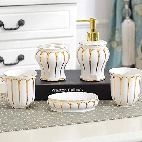ست لوازم جانبی حمام، ست 5 تکه سرامیکی با طرح طلایی، ست لوازم جانبی حمام سرامیکی به سبک اروپایی رترو، ست حمام برای هدیه، ست لوازم جانبی حمام ست لوازم جانبی حمام، ست 5 تکه سرامیکی با طرح طلایی، ست لوازم جانبی حمام سرامیکی به سبک اروپایی رترو، ست حمام برای هدیه، ست لوازم جانبی حمام