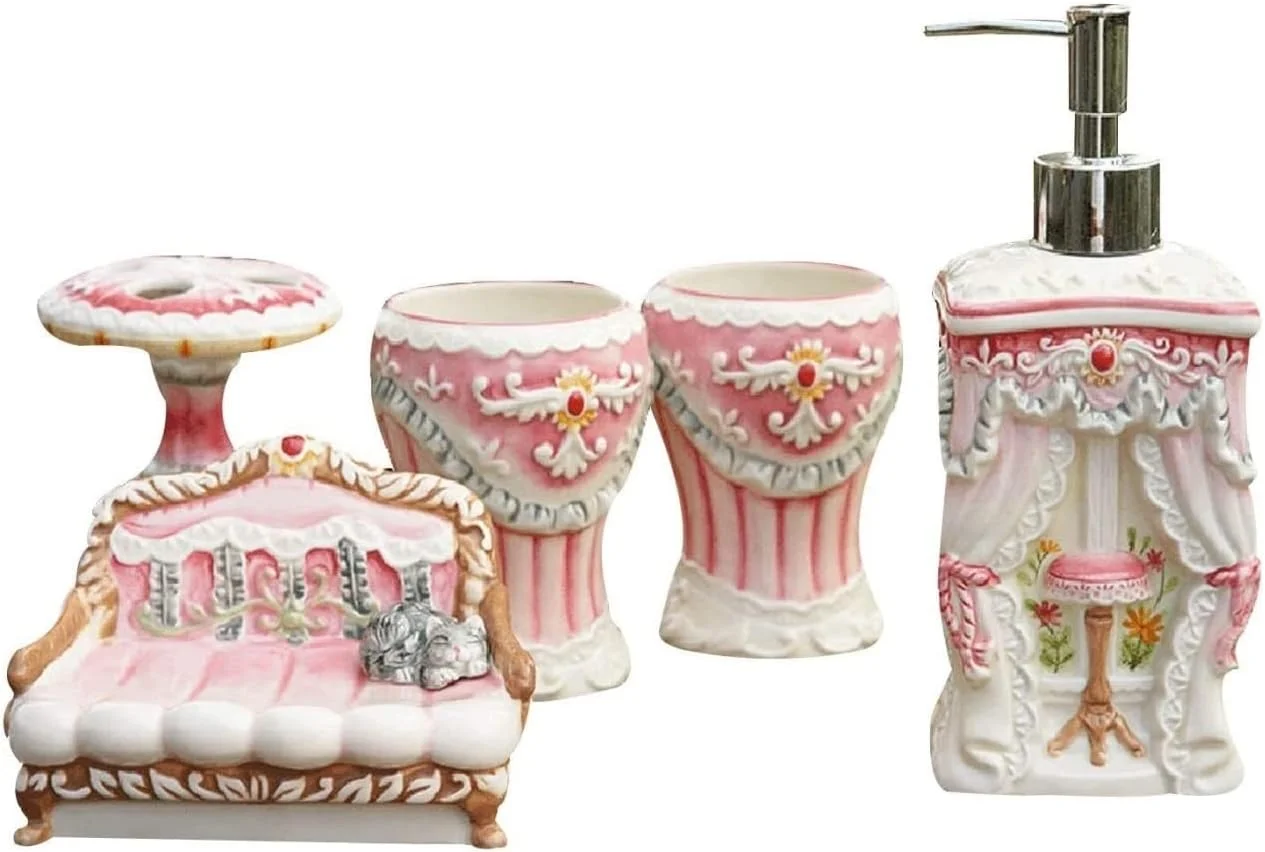 ست لوازم جانبی حمام، ست لوازم جانبی سرامیکی 5 تکه، کیت حمام صورتی با سبک دلپذیر برای هدیه عروسی و خانه نویی، ست لوازم جانبی حمام ست لوازم جانبی حمام، ست لوازم جانبی سرامیکی 5 تکه، کیت حمام صورتی با سبک دلپذیر برای هدیه عروسی و خانه نویی، ست لوازم جانبی حمام