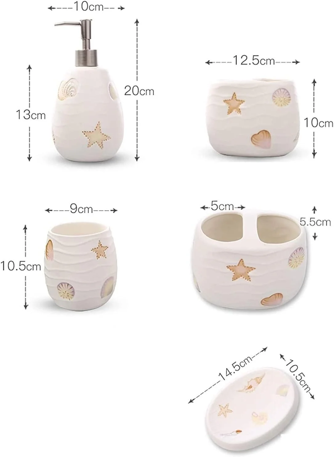 ست لوازم جانبی حمام، ست لوازم جانبی سرامیکی حمام، ست رومیزی 5 تکه سفید با طرح اقیانوس، مناسب هدیه خانه نویی و تکمیل کننده لوازم حمام