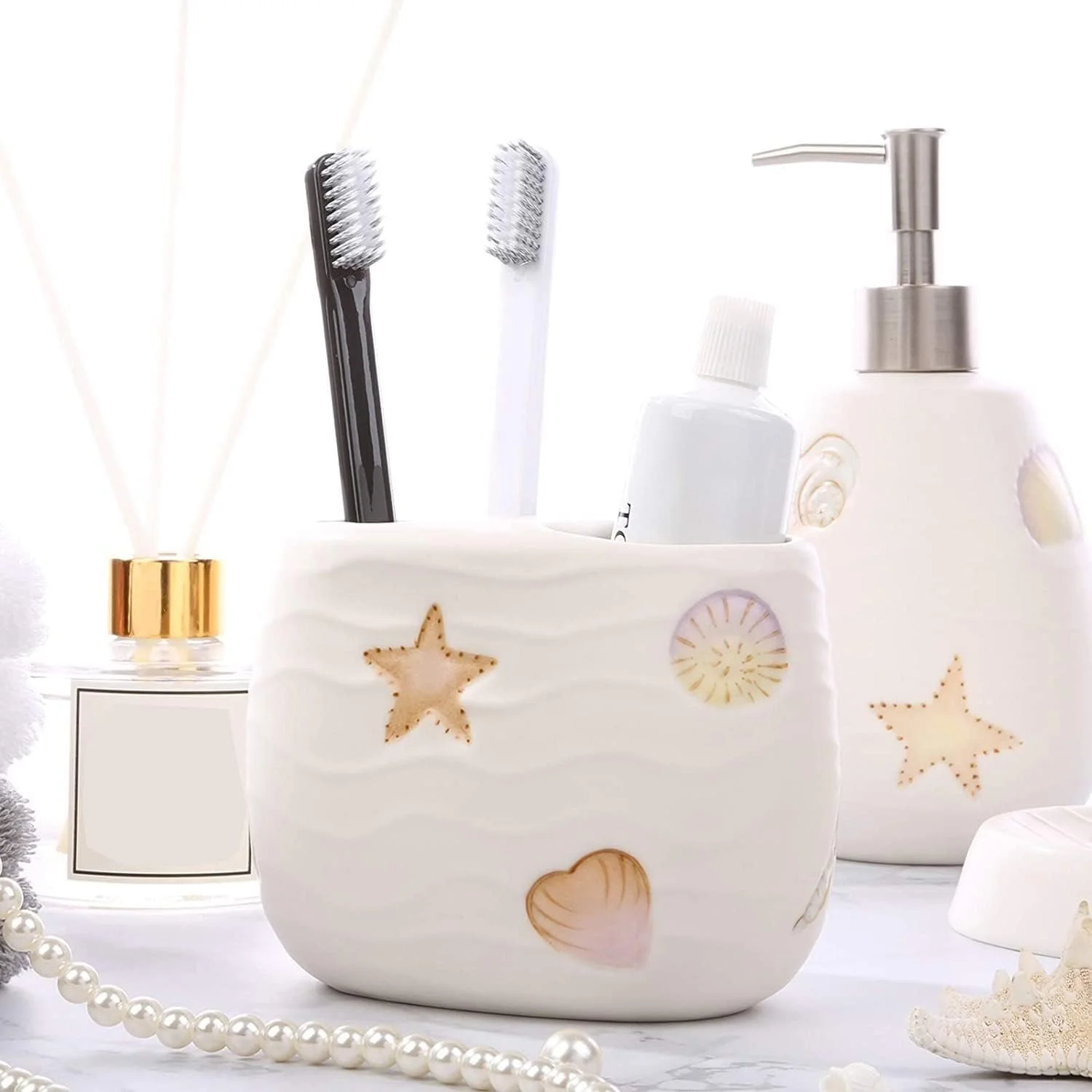 ست لوازم جانبی حمام، ست لوازم جانبی سرامیکی حمام، ست رومیزی 5 تکه سفید با طرح اقیانوس، مناسب هدیه خانه نویی و تکمیل کننده لوازم حمام