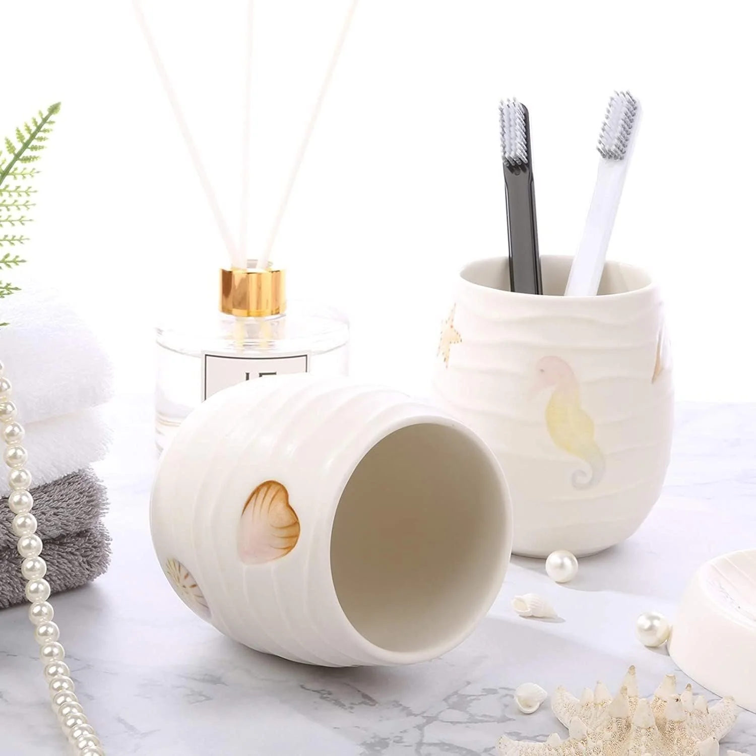 ست لوازم جانبی حمام، ست لوازم جانبی سرامیکی حمام، ست رومیزی 5 تکه سفید با طرح اقیانوس، مناسب هدیه خانه نویی و تکمیل کننده لوازم حمام