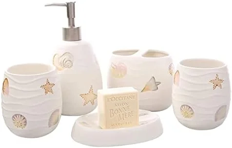 ست لوازم جانبی حمام، ست لوازم حمام سرامیکی سفید 5 تکه، ست رومیزی، ست حمام با طرح اقیانوس، مناسب هدیه خانه نویی