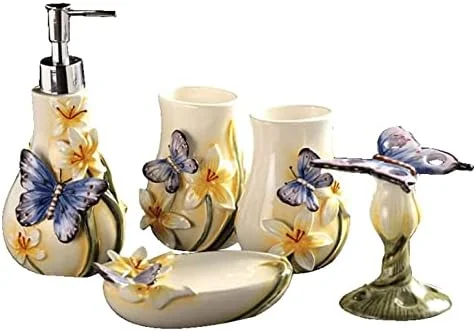 ست لوازم جانبی حمام، ست لوازم جانبی حمام با طرح برجسته سه بعدی، ست لوازم جانبی حمام سرامیکی 5 تکه با طرح پروانه